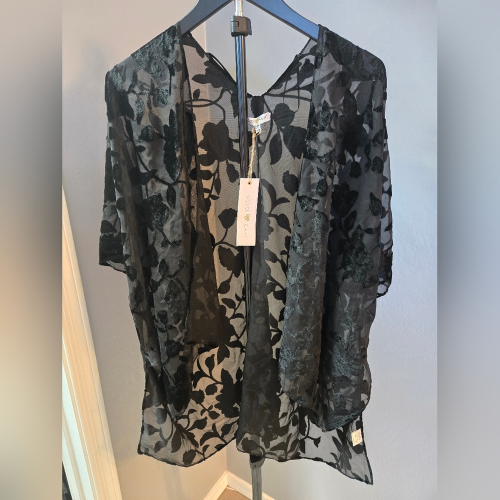 Black Sheer Floral Kimono Cardigan One Size NWT